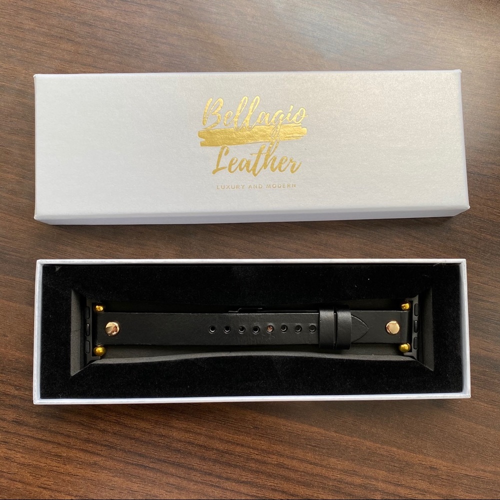 Black Leather Apple Watch Band (Gold Accents)